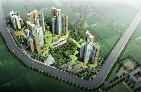 Ireo Uptown towers and central gardens seen from above beside the sector road, artist's impression