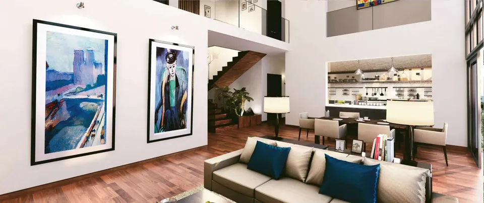 Ireo Victory Valley double-height living room with open kitchen beyond, artist's impression