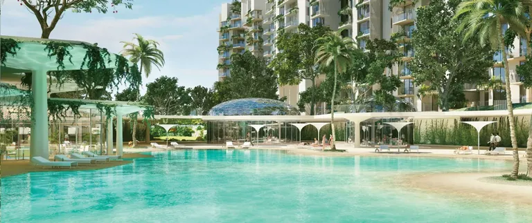 Ireo Victory Valley lagoon-style pool with shaded pavilions below the towers, artist's impression