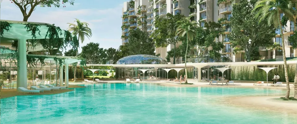 Ireo Victory Valley lagoon-style pool with shaded pavilions below the towers, artist's impression