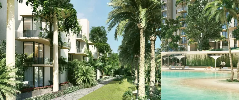 Ireo Victory Valley low-rise blocks among palms beside the lagoon pool, artist's impression