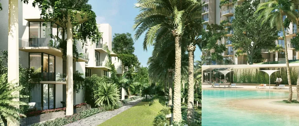 Ireo Victory Valley low-rise blocks among palms beside the lagoon pool, artist's impression