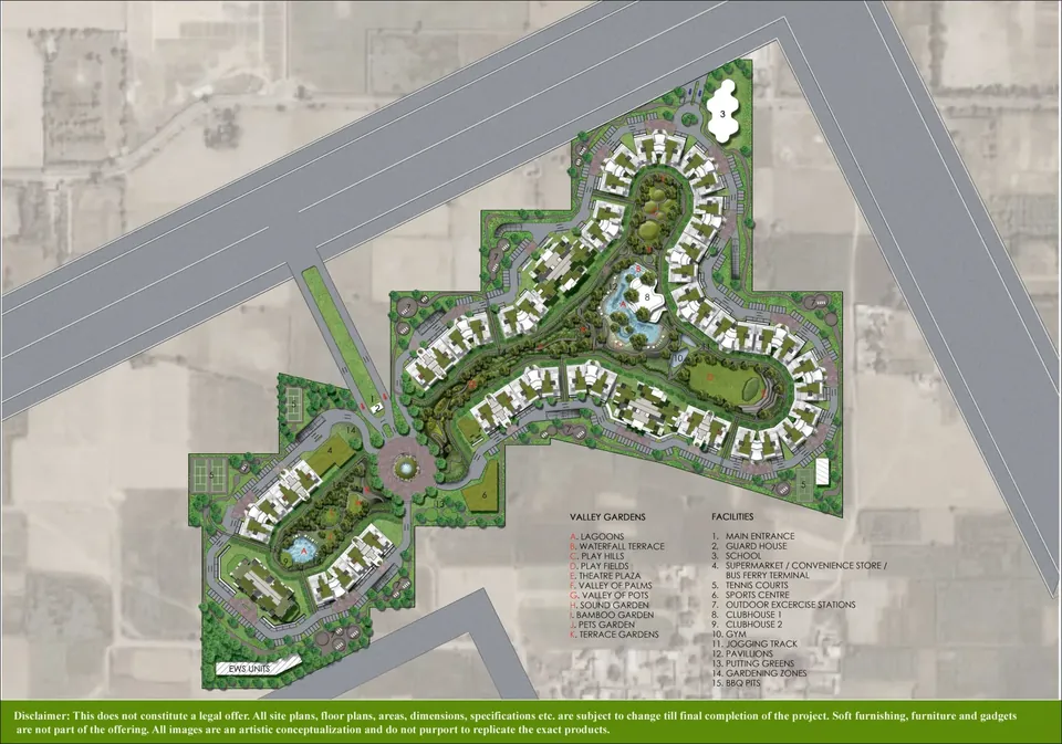 Ireo Victory Valley master plan with the tower ring around the central valley, Sector 67