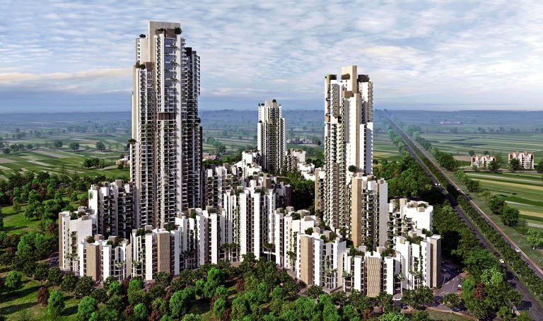Ireo Victory Valley high-rise towers and low-rise blocks amid greenery beside the sector road, artist's impression