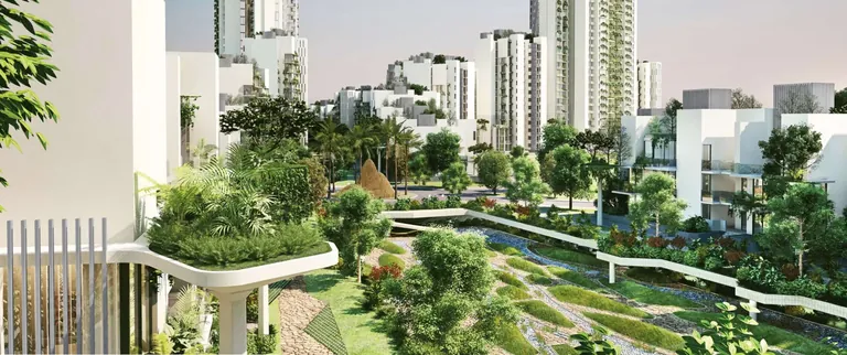 Ireo Victory Valley terraced central garden seen from a planted balcony, artist's impression