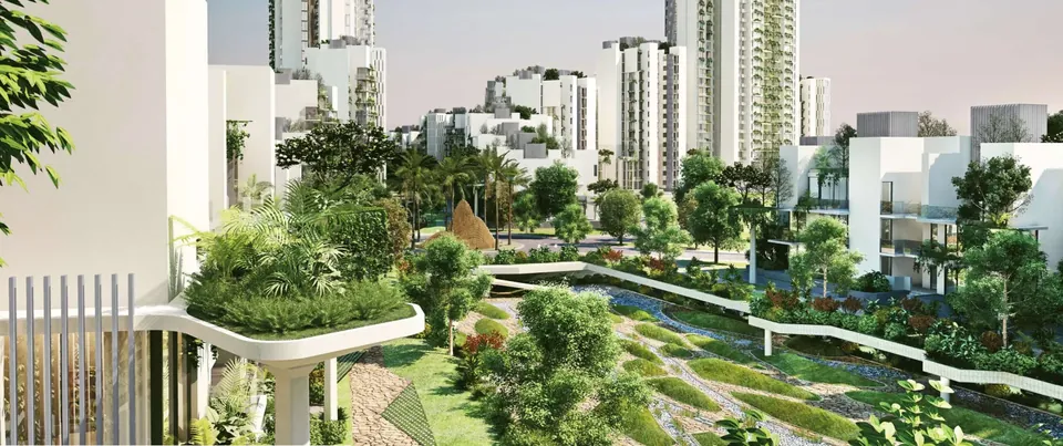 Ireo Victory Valley terraced central garden seen from a planted balcony, artist's impression