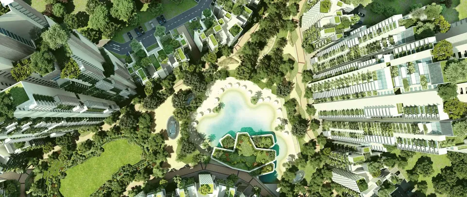 Ireo Victory Valley towers around the green central valley seen from above, artist's impression