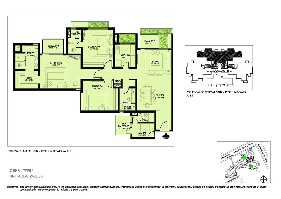 Ireo Victory Valley 3 BHK flat floor plan, 2,428 sq ft super area
