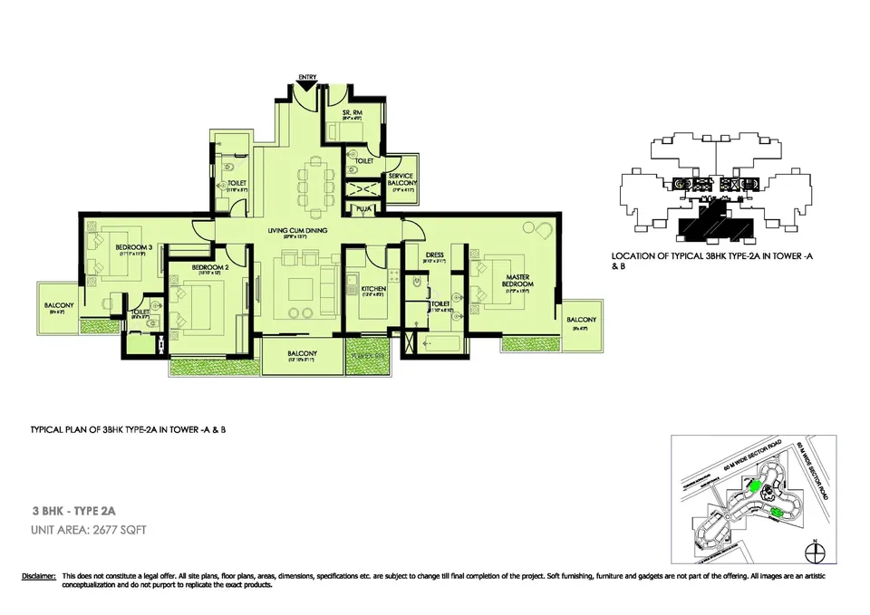 Ireo Victory Valley 3 BHK floor plan, 2,677 sq ft, unit area