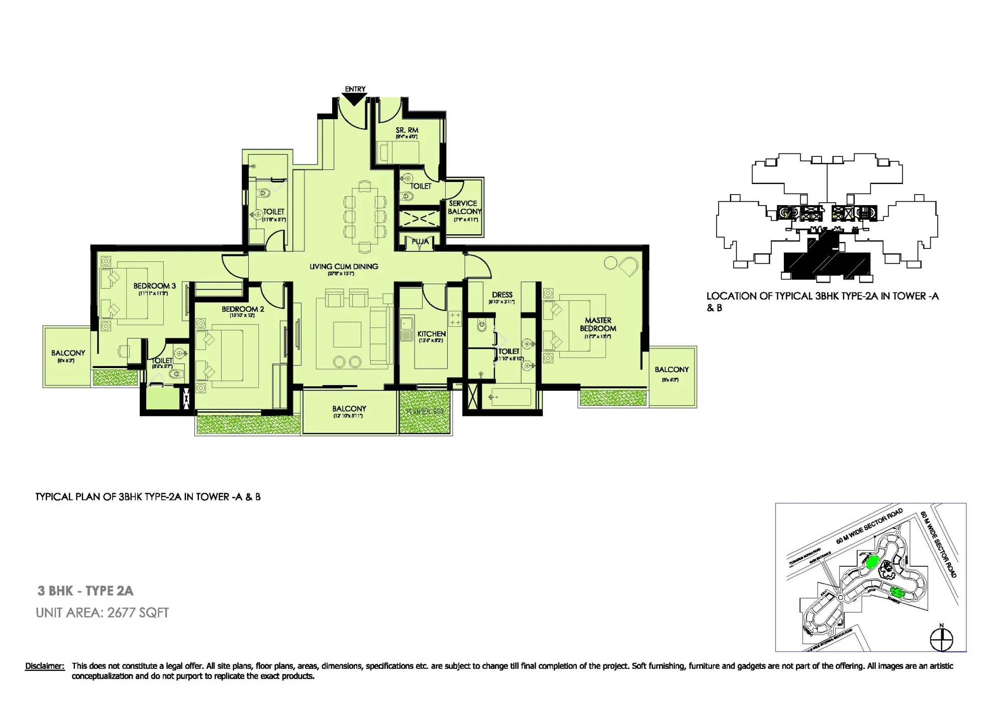 Ireo Victory Valley 3 BHK floor plan, 2,677 sq ft, unit area