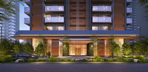 Krisumi Forest Reserve tower entrance with timber screens and canopy, artist's impression