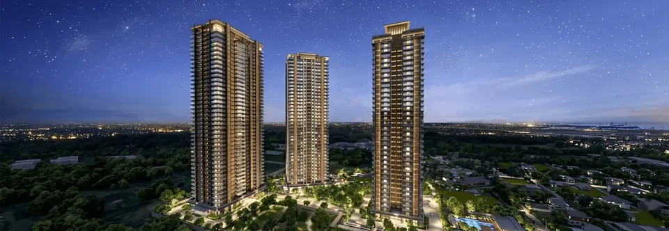 Krisumi Forest Reserve three towers lit at night, aerial view, artist's impression