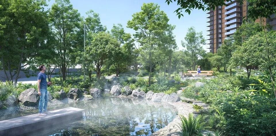 Krisumi Forest Reserve forest mist pond among dense trees, artist's impression