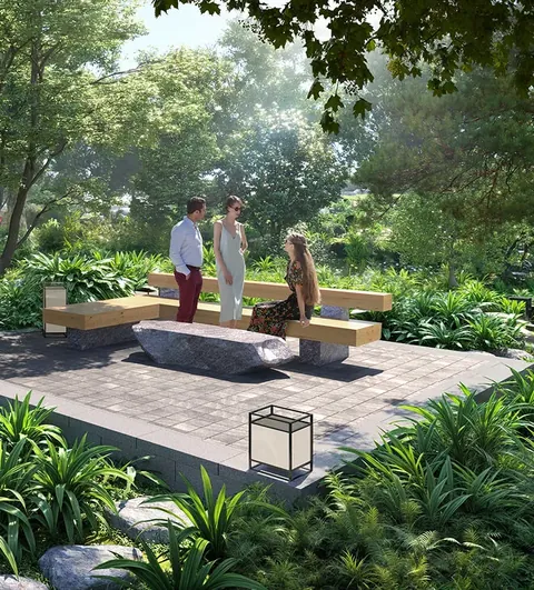 Krisumi Forest Reserve forest resting space with stone benches, artist's impression
