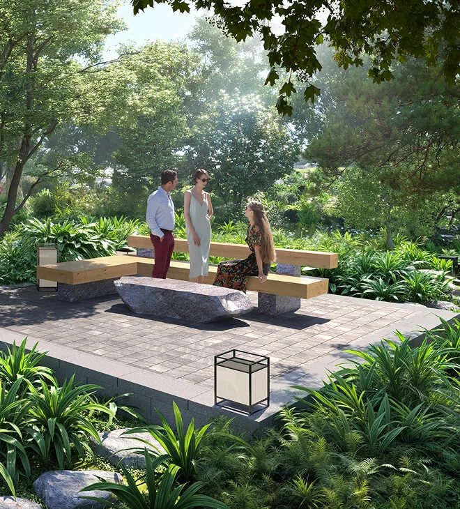 Krisumi Forest Reserve forest resting space with stone benches, artist's impression