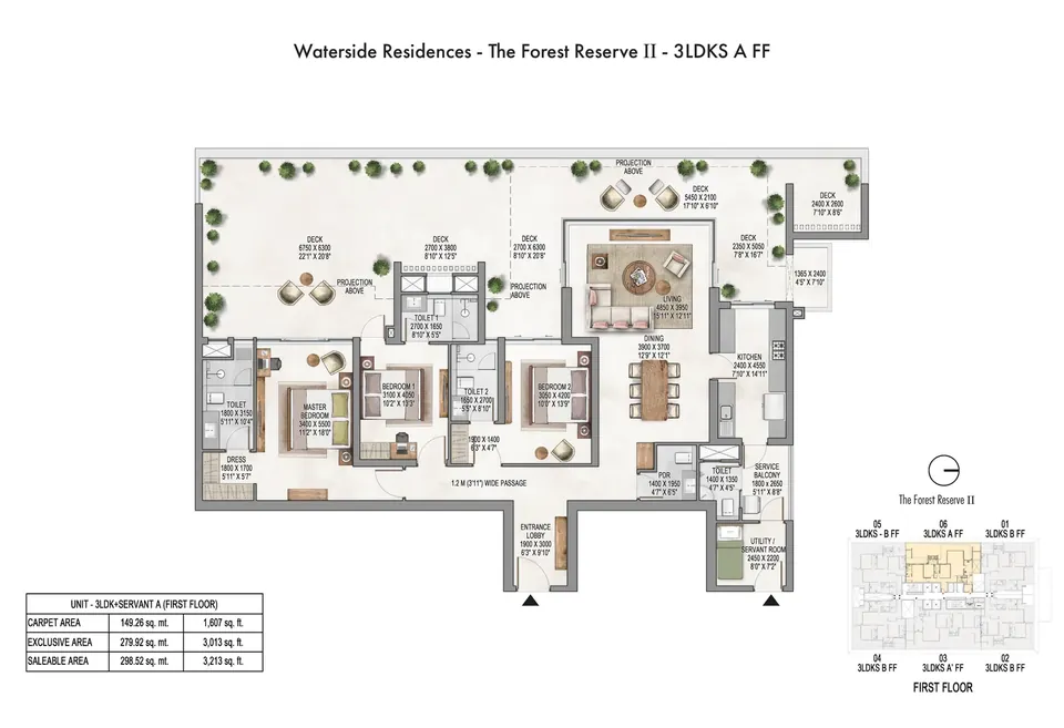 Krisumi Forest Reserve II 3 BHK + servant A first-floor plan, 3,213 sq ft saleable area