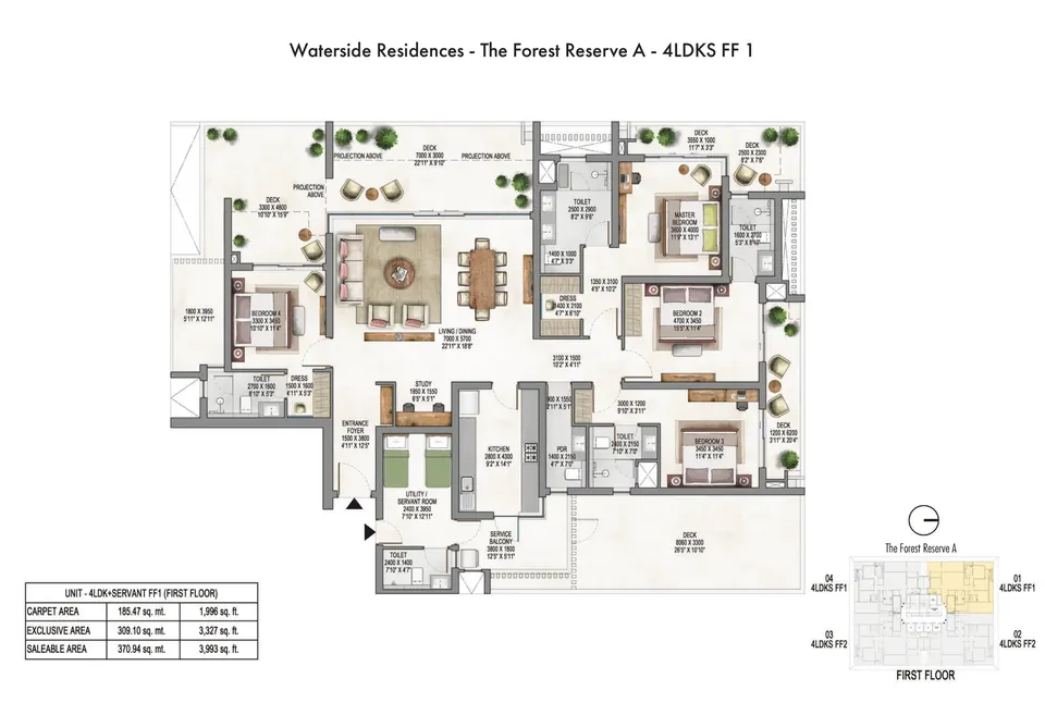 Krisumi Forest Reserve A 4 BHK + servant first-floor plan, 3,993 sq ft saleable area