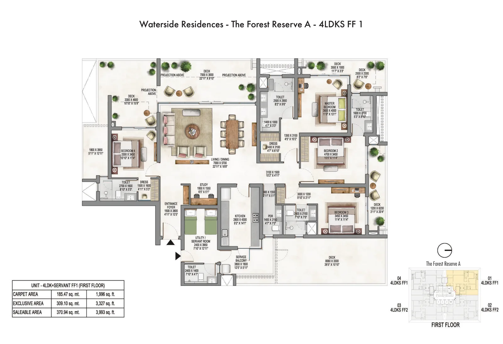 Krisumi Forest Reserve A 4 BHK + servant first-floor plan, 3,993 sq ft saleable area
