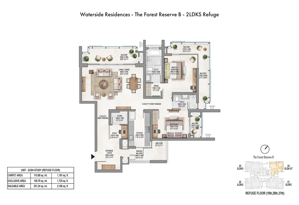 Krisumi Forest Reserve B 2 BHK + study refuge-floor plan, 2,166 sq ft saleable area
