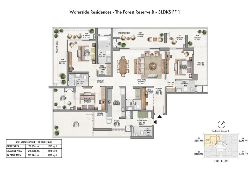 Krisumi Forest Reserve B 3 BHK + servant first-floor plan, 3,007 sq ft saleable area