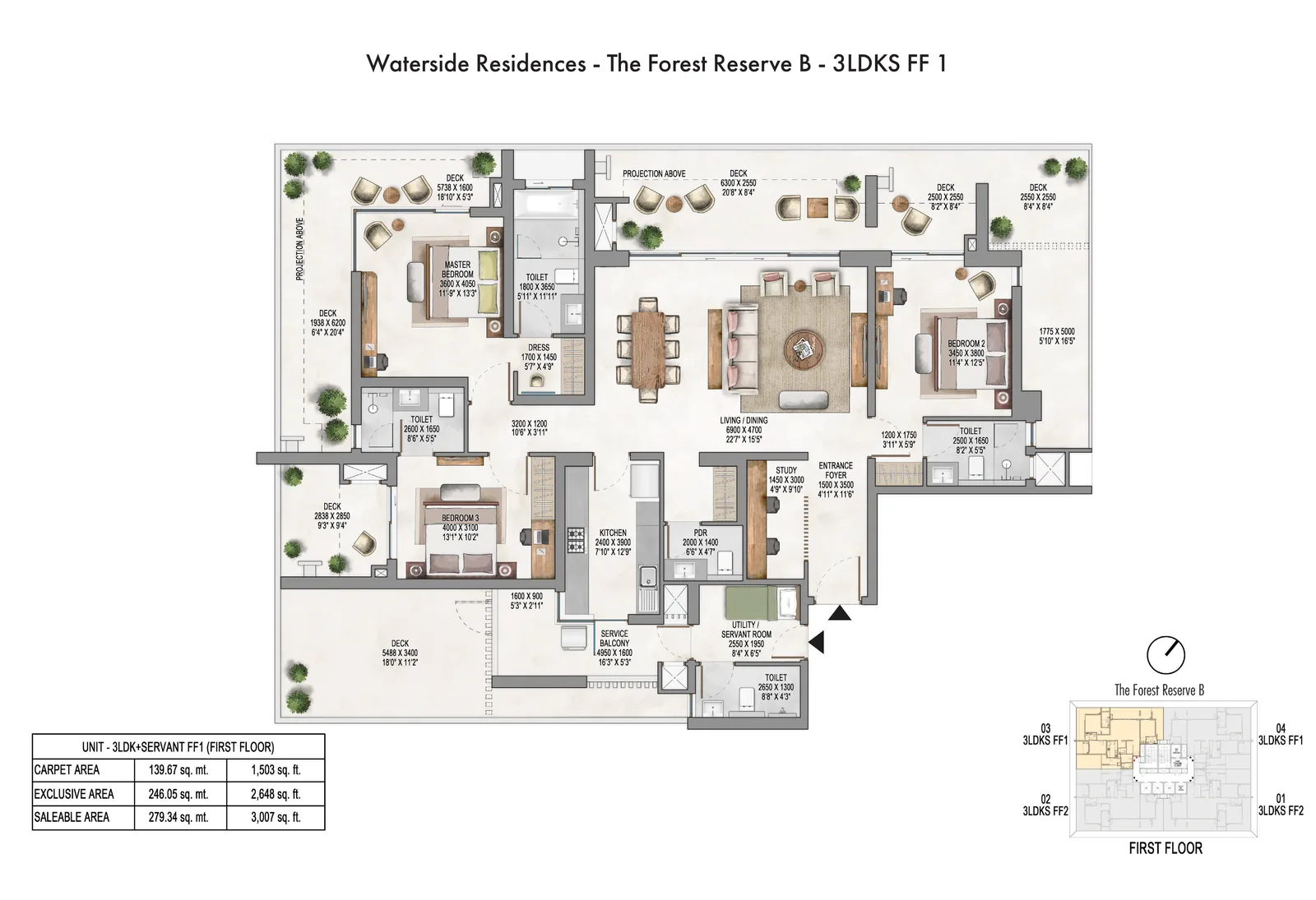 Krisumi Forest Reserve B 3 BHK + servant first-floor plan, 3,007 sq ft saleable area
