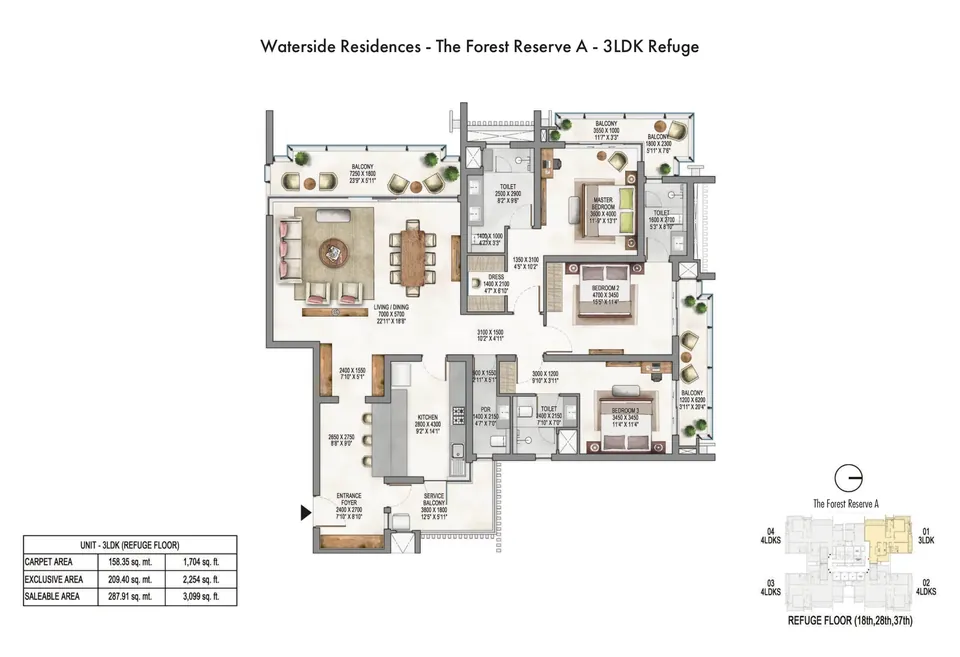 Krisumi Forest Reserve A 3 BHK refuge-floor plan, 3,099 sq ft saleable area