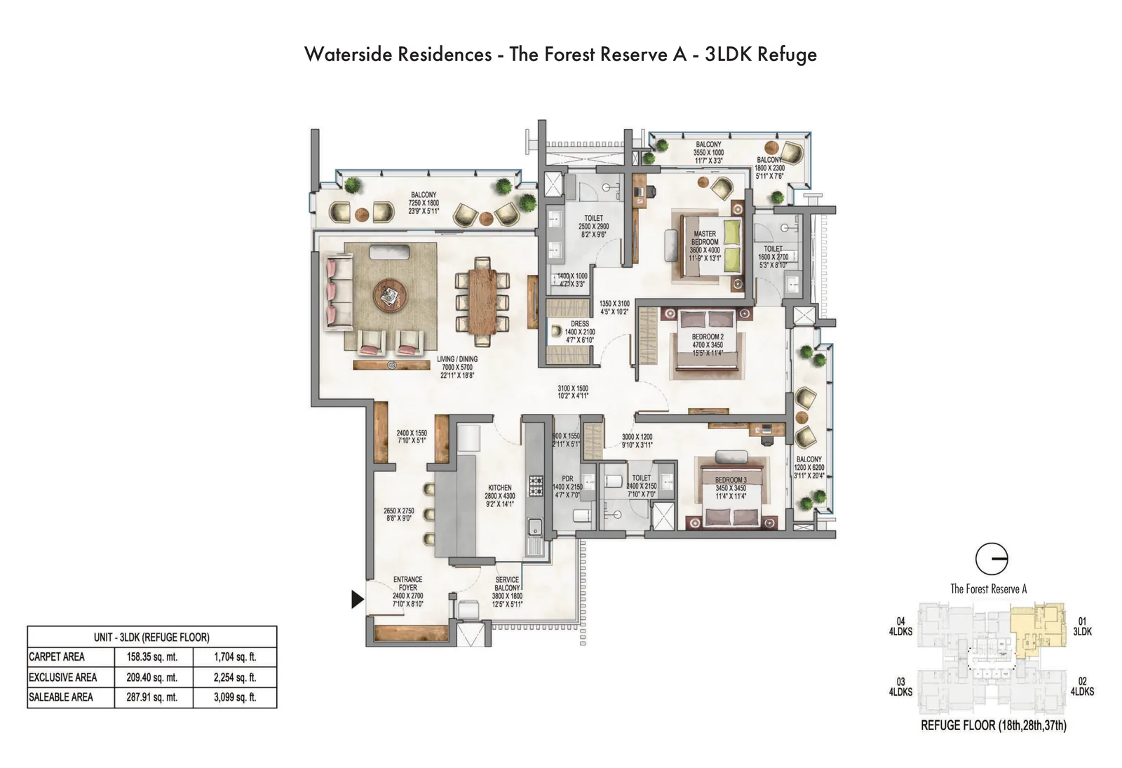 Krisumi Forest Reserve A 3 BHK refuge-floor plan, 3,099 sq ft saleable area