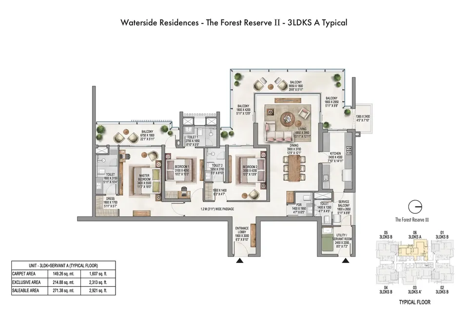 Krisumi Forest Reserve II 3 BHK + servant A typical plan, 2,921 sq ft saleable area