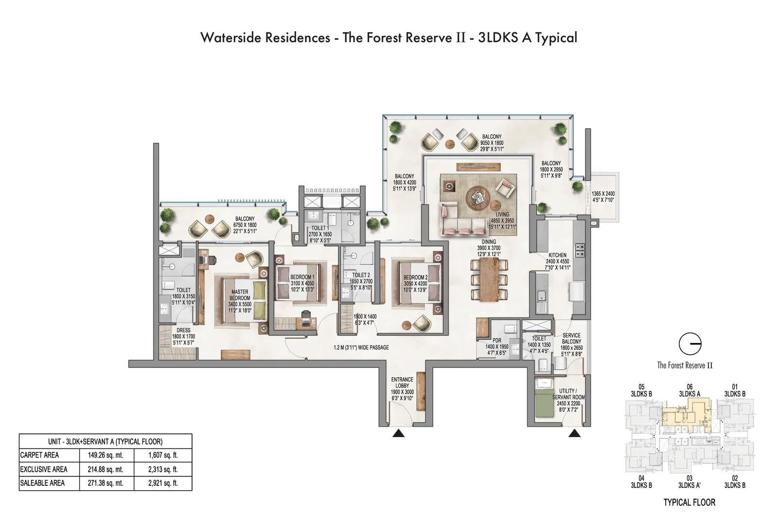 Krisumi Forest Reserve II 3 BHK + servant A typical plan, 2,921 sq ft saleable area