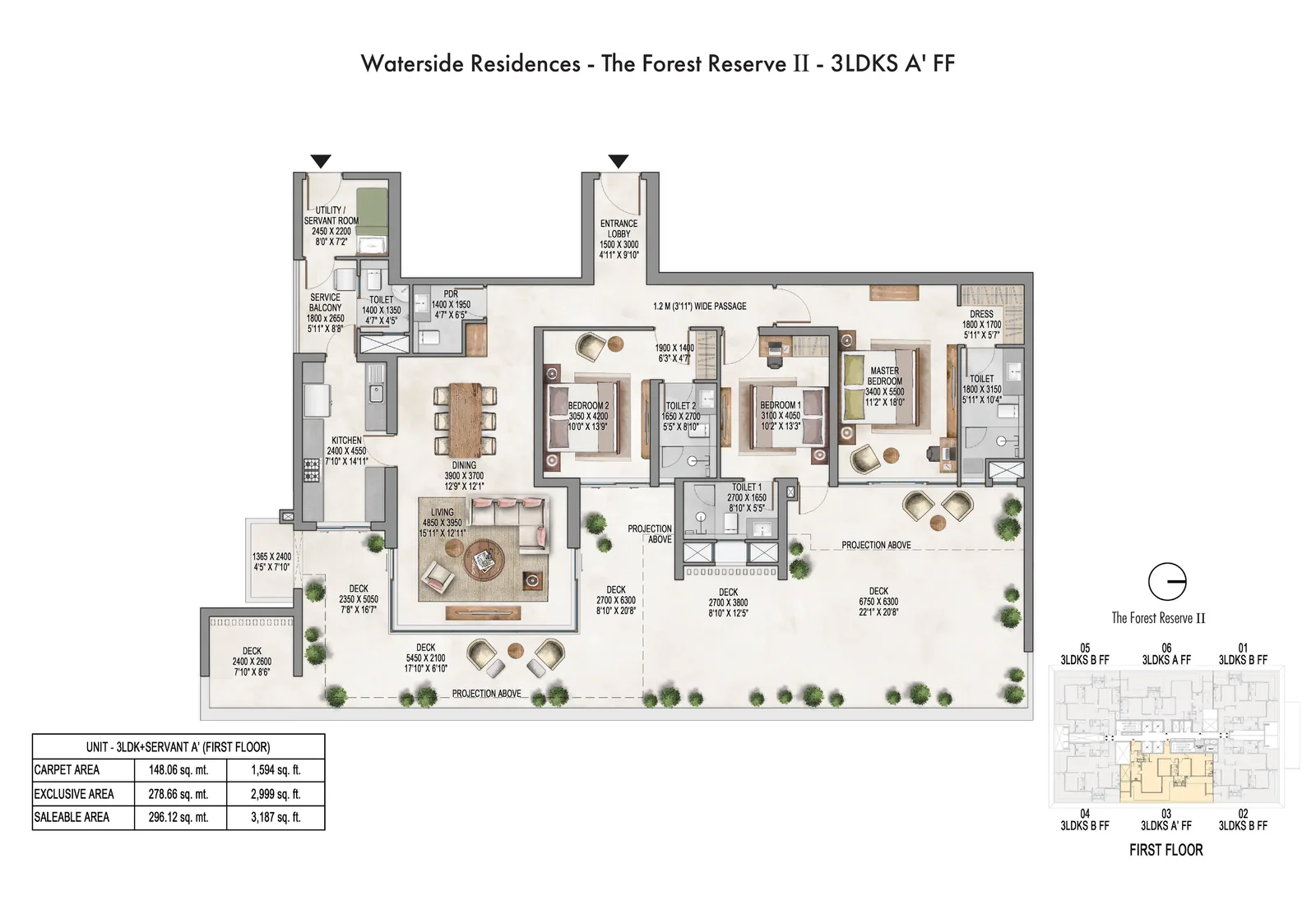 Krisumi Forest Reserve II 3 BHK + servant A' first-floor plan, 3,187 sq ft saleable area
