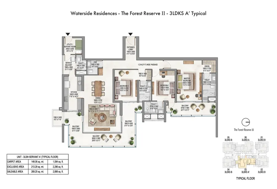 Krisumi Forest Reserve II 3 BHK + servant A' typical plan, 2,898 sq ft saleable area