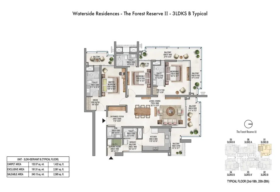 Krisumi Forest Reserve II 3 BHK + servant B typical plan, 2,585 sq ft saleable area