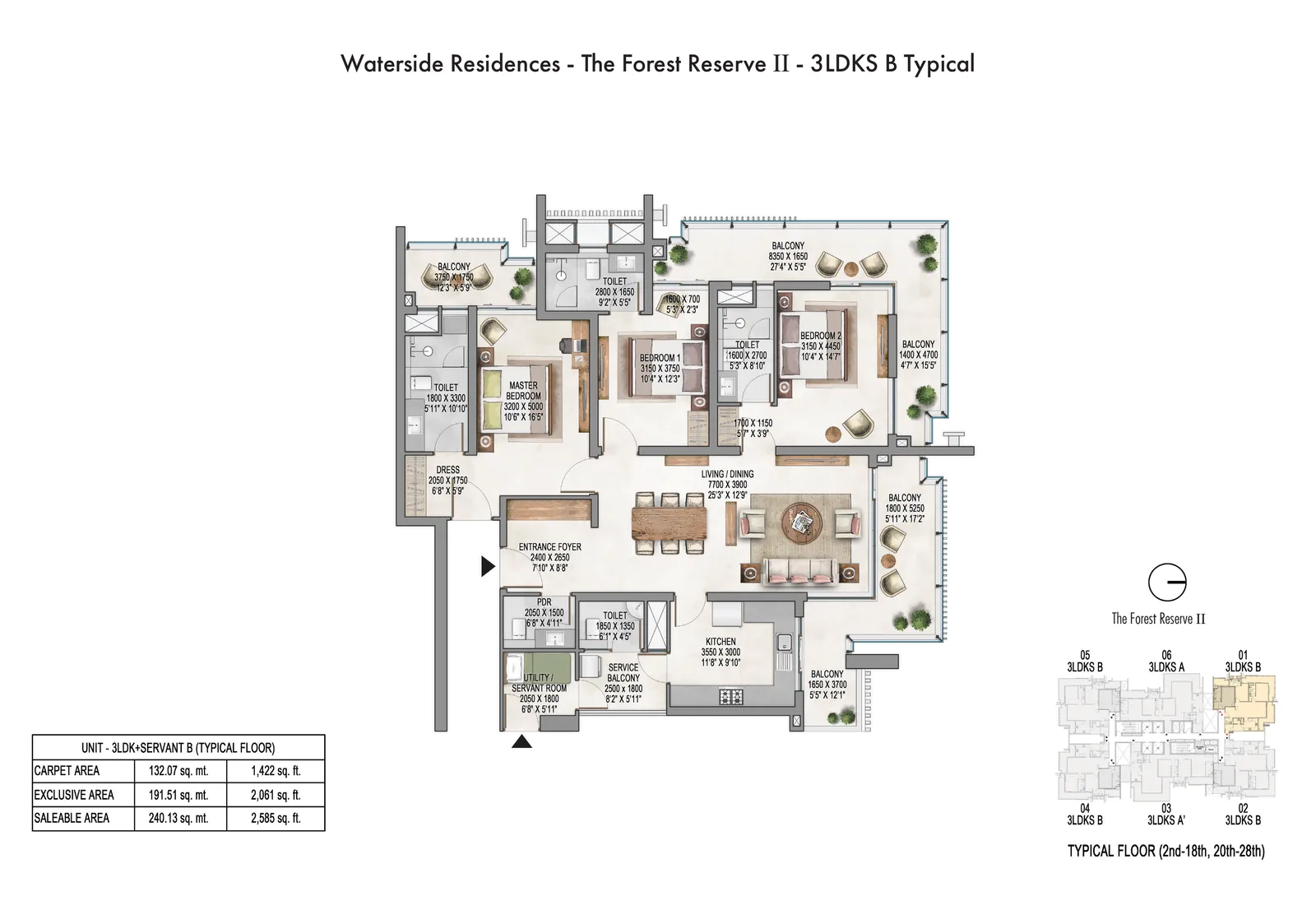 Krisumi Forest Reserve II 3 BHK + servant B typical plan, 2,585 sq ft saleable area