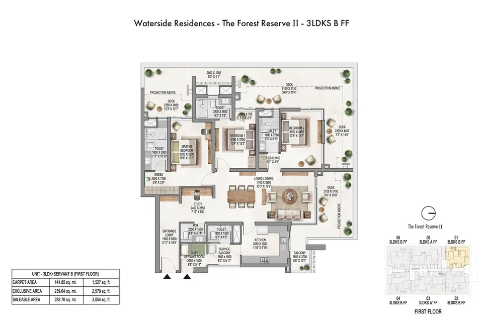 Krisumi Forest Reserve II 3 BHK + servant B first-floor plan, 3,054 sq ft saleable area