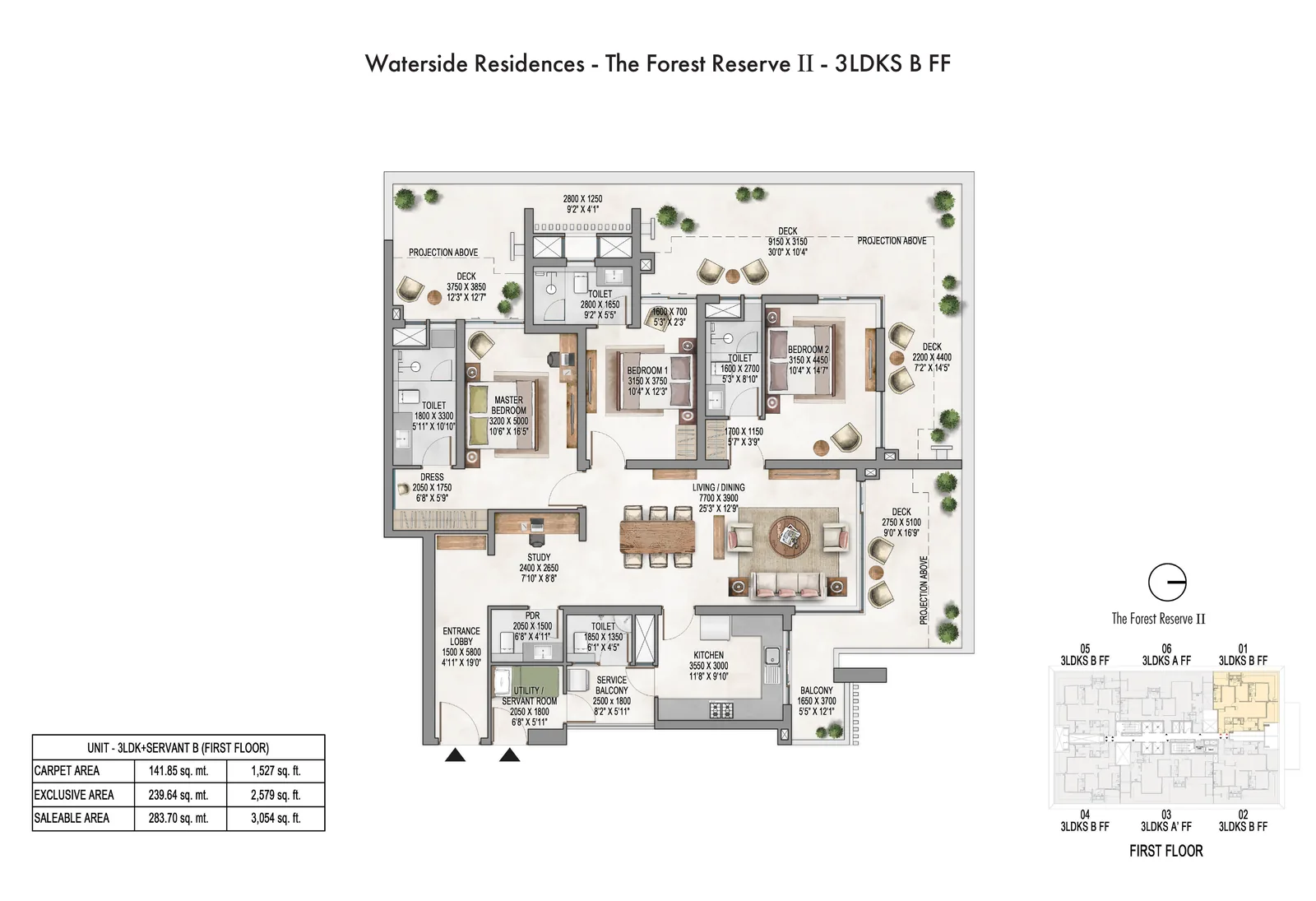 Krisumi Forest Reserve II 3 BHK + servant B first-floor plan, 3,054 sq ft saleable area