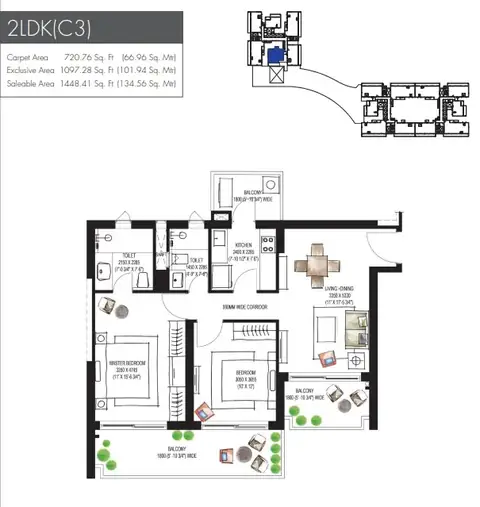 Krisumi Waterfall Residences 2 BHK (2LDK C3) floor plan, 1,448 sq ft super area