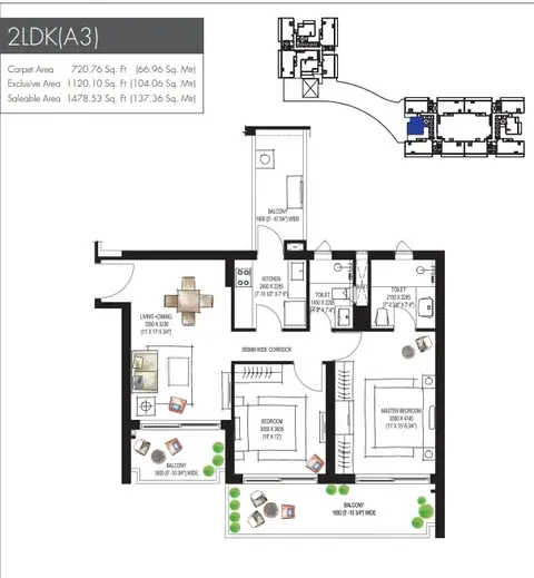Krisumi Waterfall Residences 2 BHK (2LDK A3) floor plan, 1,478 sq ft super area