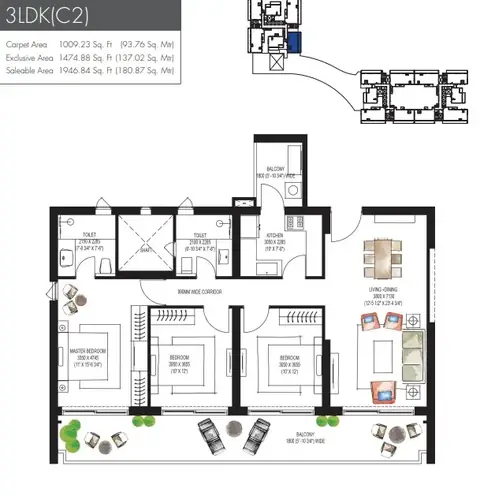 Krisumi Waterfall Residences 3 BHK (3LDK C2) floor plan, 1,946 sq ft super area