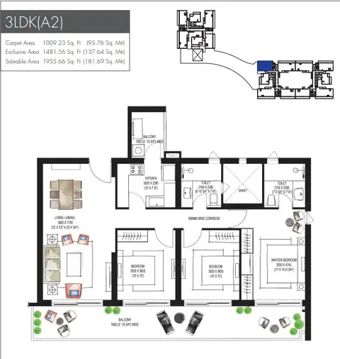 Krisumi Waterfall Residences 3 BHK (3LDK A2) floor plan, 1,955 sq ft super area