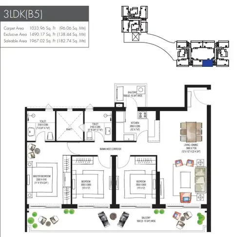 Krisumi Waterfall Residences 3 BHK floor plan, 1,967 sq ft super area