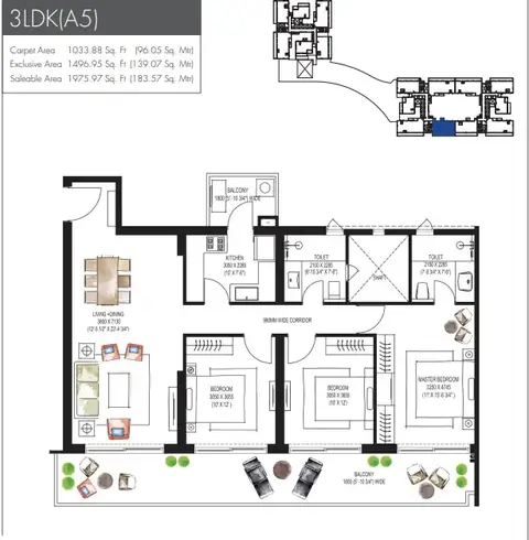 Krisumi Waterfall Residences 3 BHK floor plan, 1,975 sq ft super area