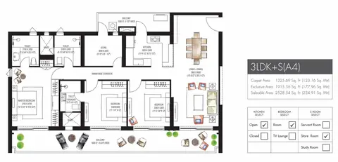Krisumi Waterfall Residences 3 BHK + servant floor plan, 2,528 sq ft super area