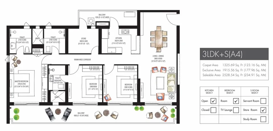 Krisumi Waterfall Residences 3 BHK + servant floor plan, 2,528 sq ft super area