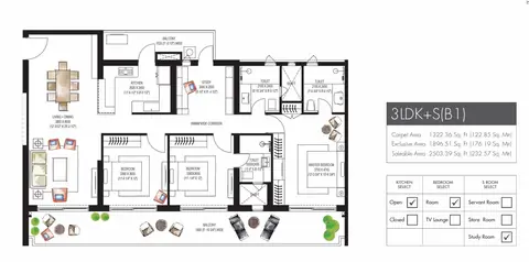 Krisumi Waterfall Residences 3 BHK + servant floor plan, 2,503 sq ft super area