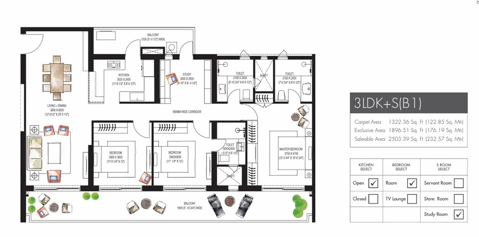 Krisumi Waterfall Residences 3 BHK + servant floor plan, 2,503 sq ft super area