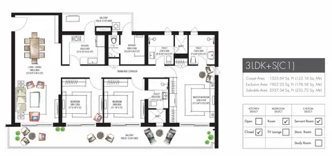 Krisumi Waterfall Residences 3 BHK + servant floor plan, 2,537 sq ft super area