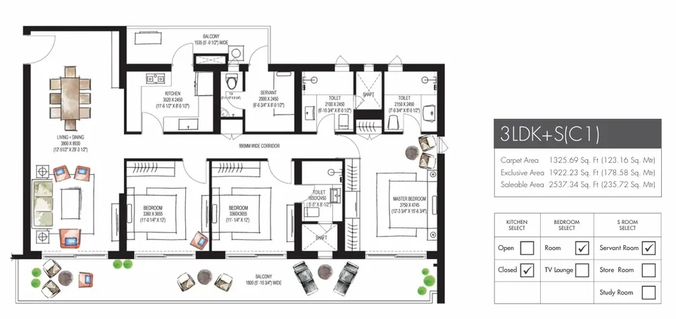 Krisumi Waterfall Residences 3 BHK + servant floor plan, 2,537 sq ft super area