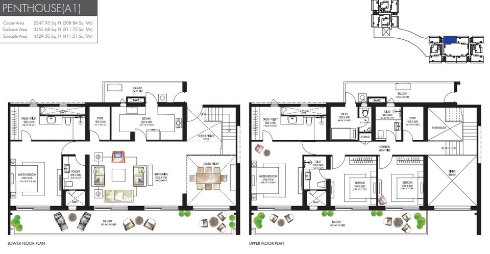 Krisumi Waterfall Residences 4 BHK penthouse (A1) floor plan, 4,429 sq ft super area