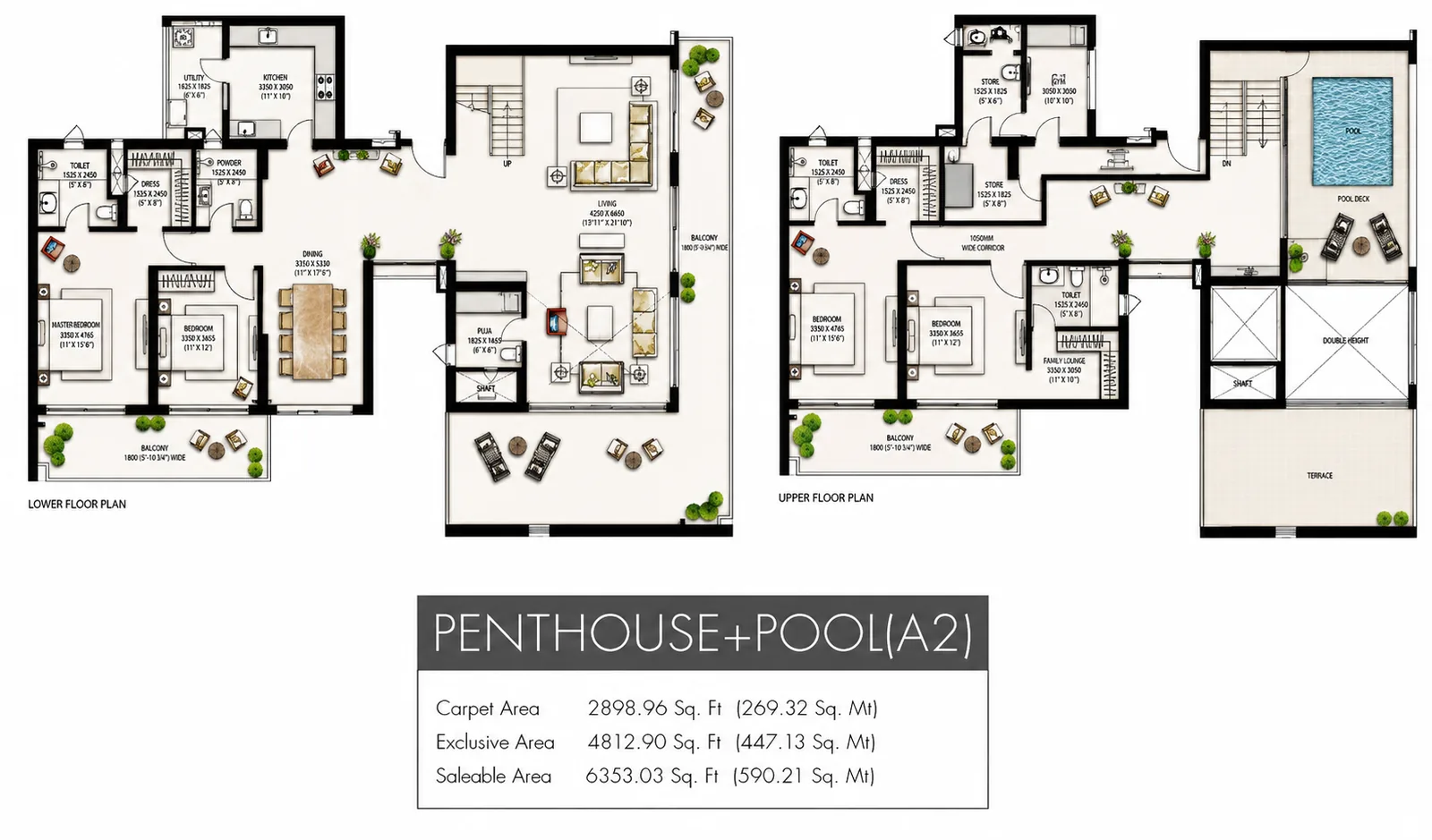 Krisumi Waterfall Residences 4 BHK penthouse + pool (A2), lower and upper levels, 6,353 sq ft saleable
