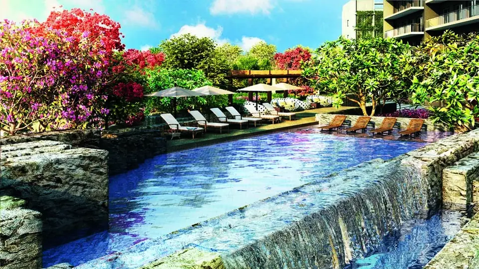 Krisumi Waterfall Suites main garden with Shiraito-style waterfall, artist's impression